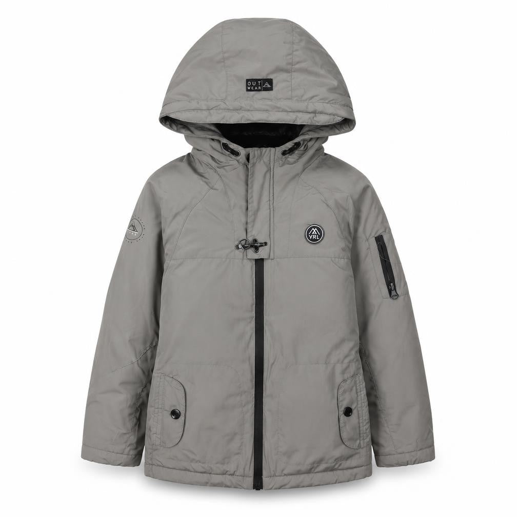 Front view of Mayoral Grey boys’ parka jacket hooded winter 7 years