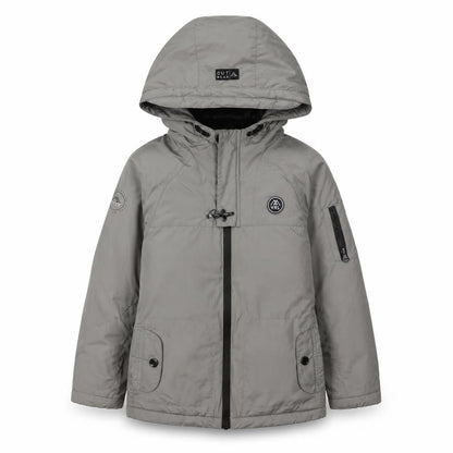 Front view of Mayoral Grey boys’ parka jacket hooded winter 7 years