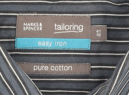 Marks and Spencer Men's Blue Striped Shirt, Size 16, Regular Fit