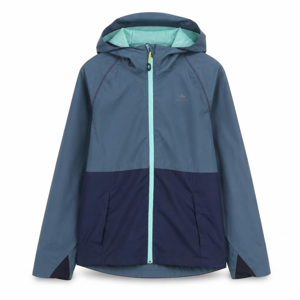 Front view of Decathlon boys’ blue windbreaker jacket 11 years hooded