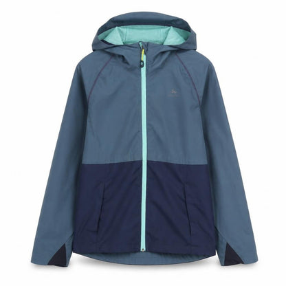 Front view of Decathlon boys’ blue windbreaker jacket 11 years hooded