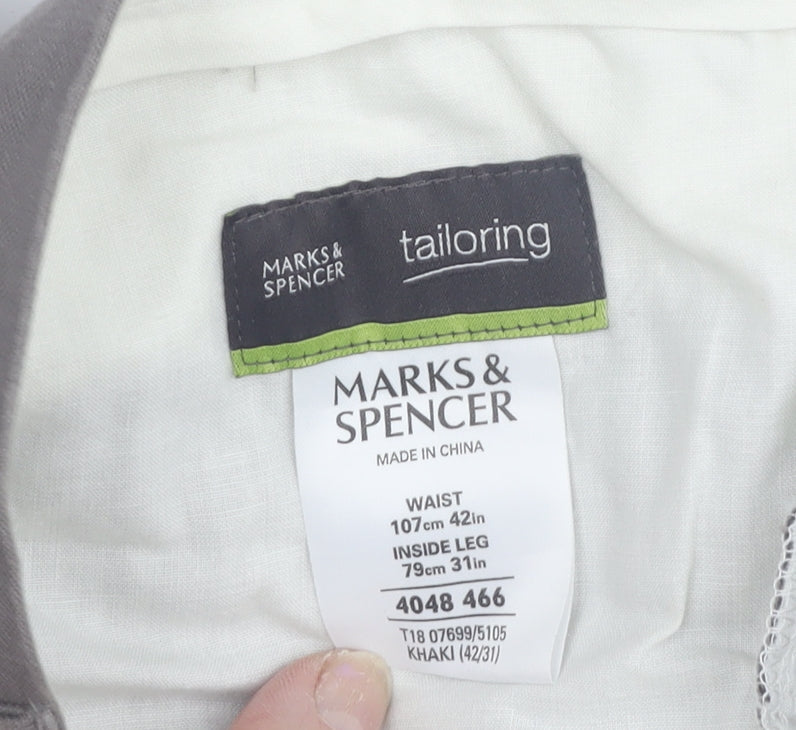 Marks and Spencer Men's Khaki Flat Front Trousers