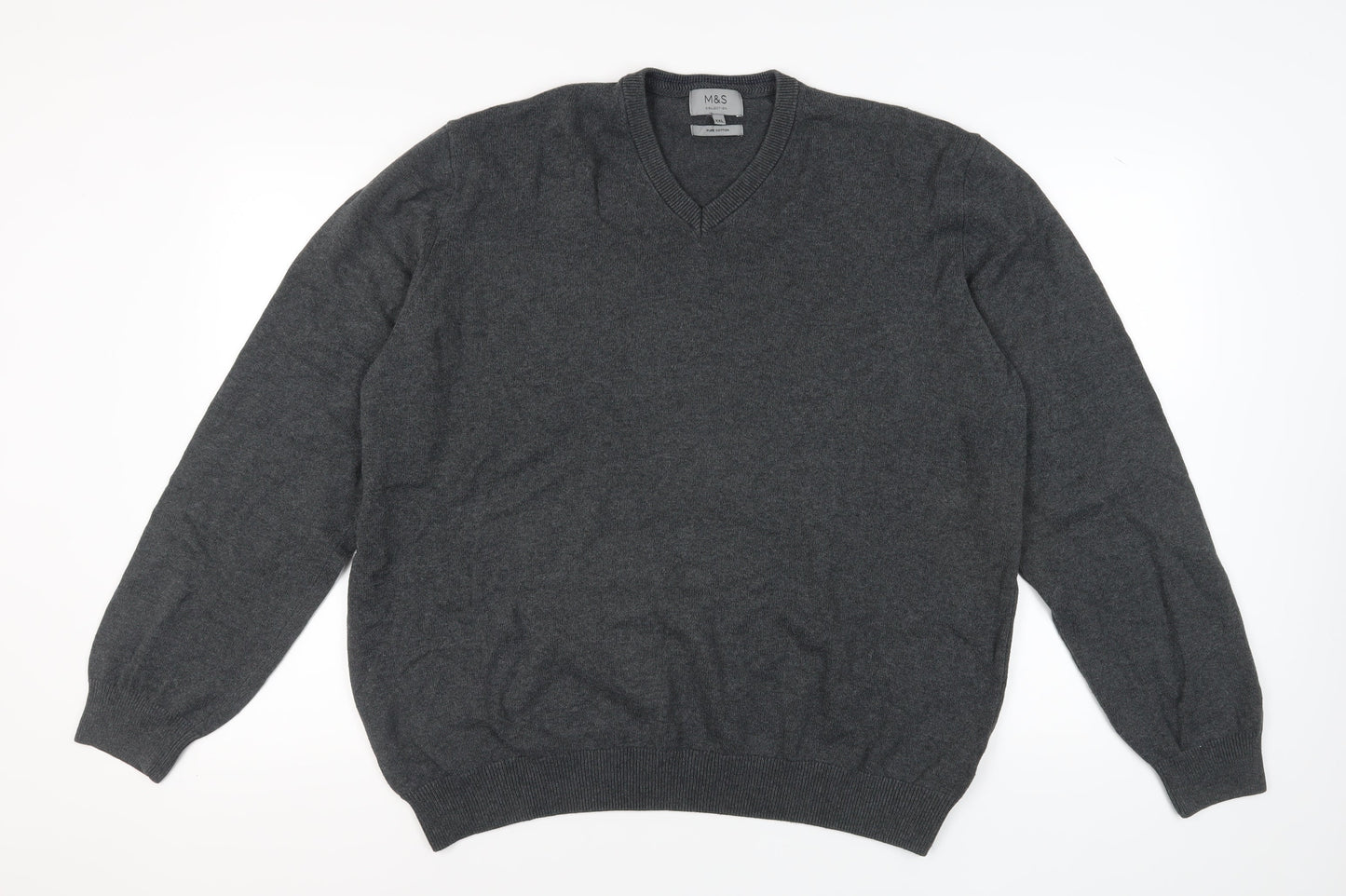 Marks and Spencer Men's Grey V-Neck Cotton Pullover