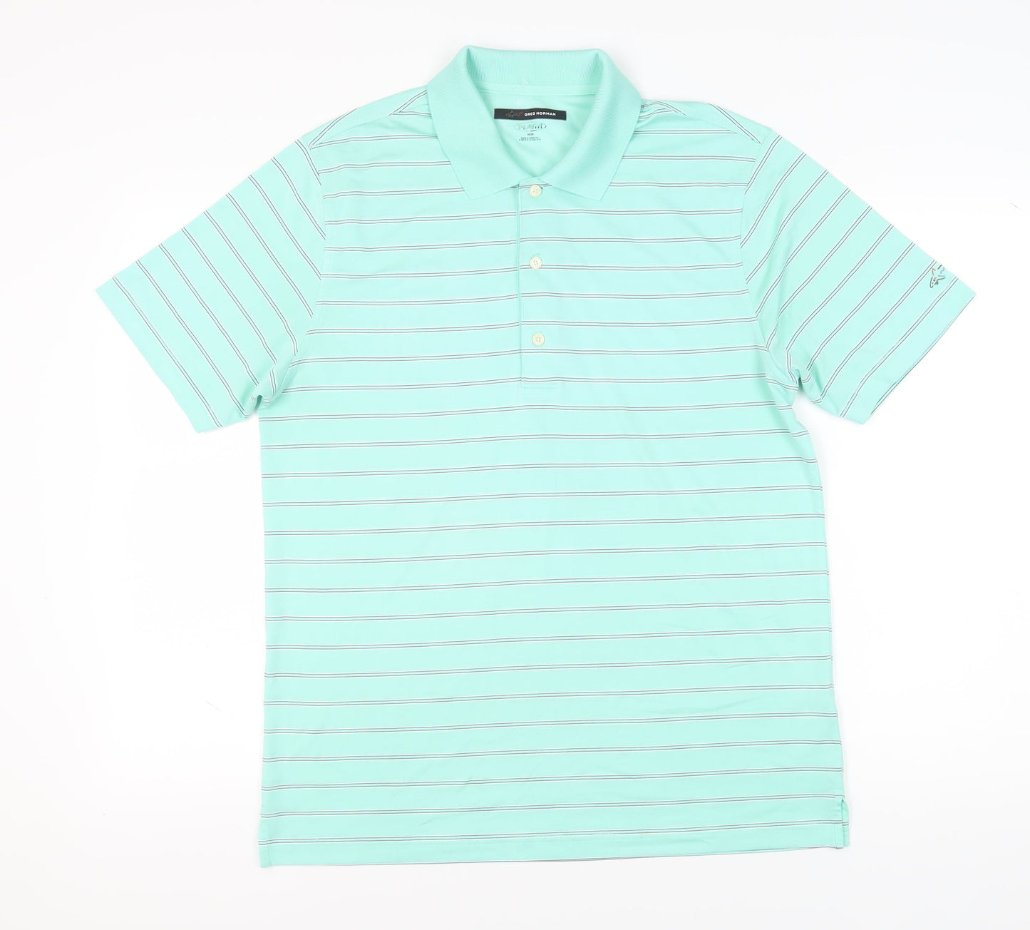 Greg Norman Men's Green Striped Polo Shirt Medium