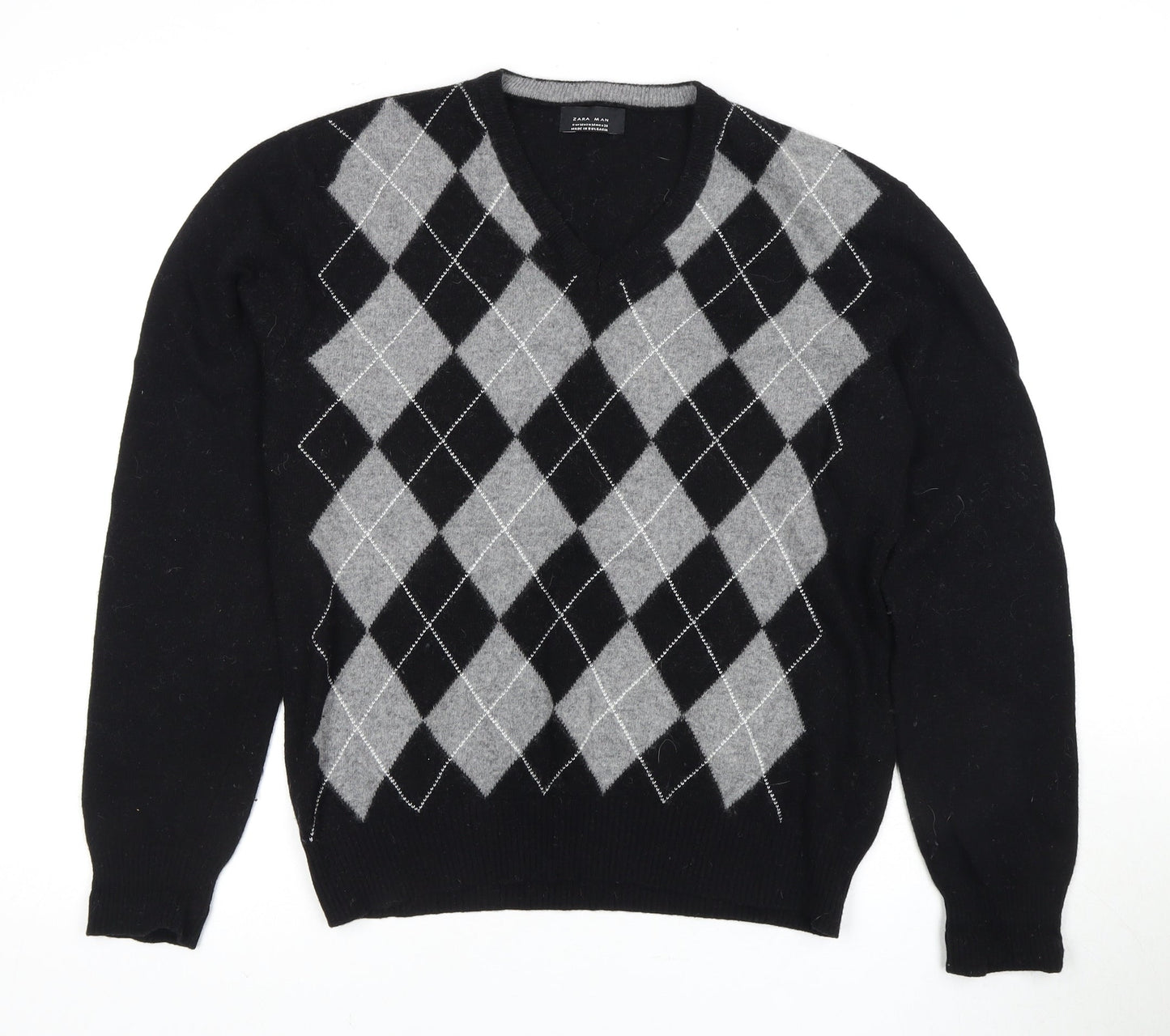 Zara Man Black Argyle V-Neck Wool Pullover Jumper M