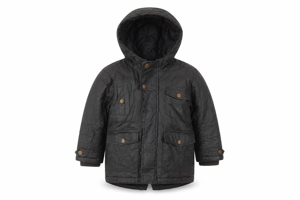 Front view of Next boys’ black parka coat 2 years hooded mid-length autumn