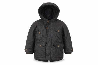 Front view of Next boys’ black parka coat 2 years hooded mid-length autumn