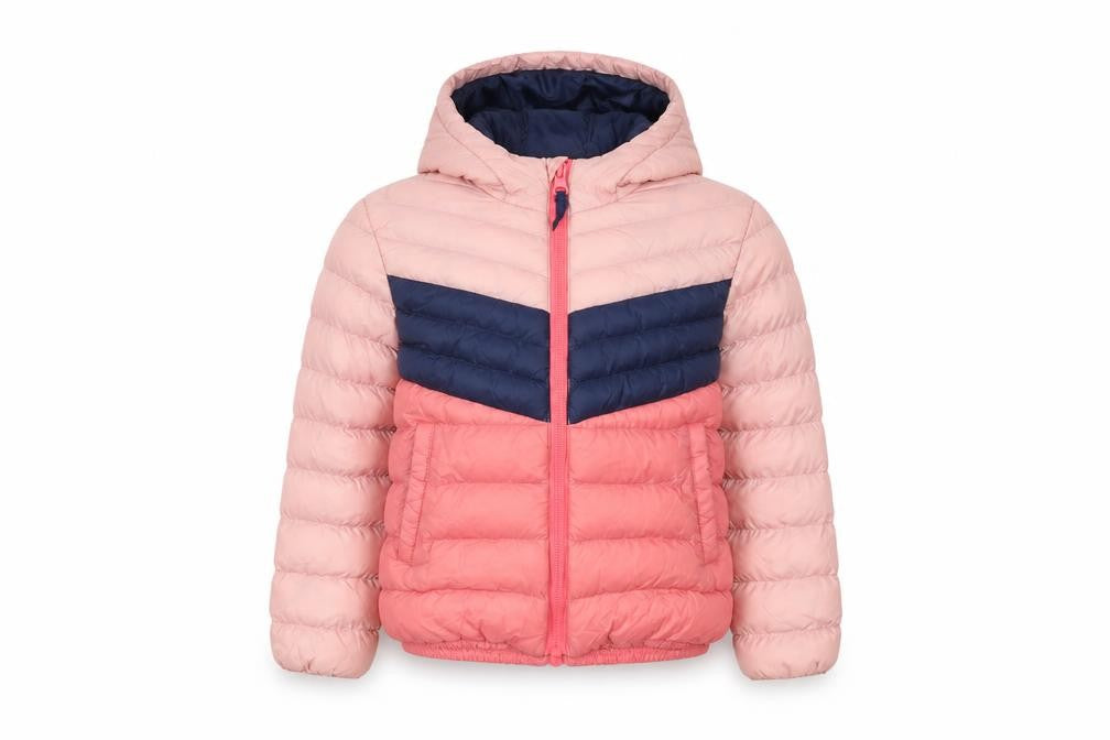 Front view of Mountain Warehouse girls’ pink & blue puffer jacket 2-3 years