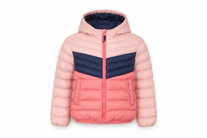Front view of Mountain Warehouse girls’ pink & blue puffer jacket 2-3 years
