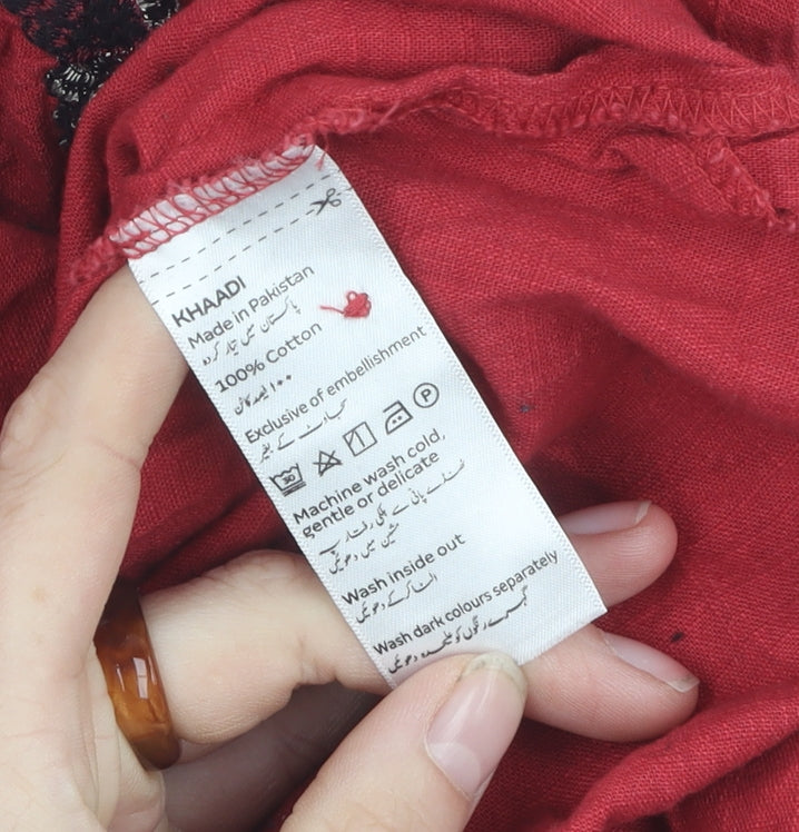 Khaadi Women’s Red Embroidered Cotton Dress Size 10