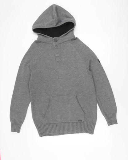 Firetrap Men's Grey Henley Jumper L Size Hooded Cotton