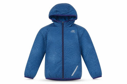 Front view of Decathlon boys’ blue hooded jacket 7-8 years