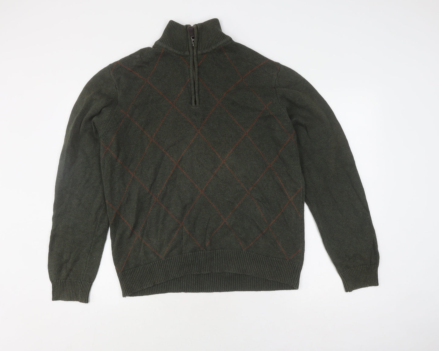 BHS Men's Green Argyle High Neck Pullover Jumper M