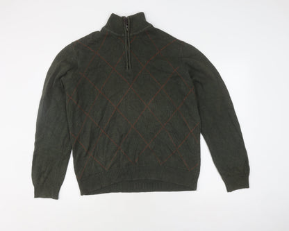 BHS Men's Green Argyle High Neck Pullover Jumper M