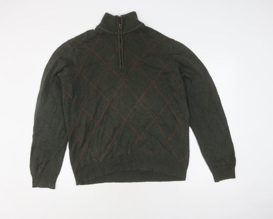 BHS Men's Green Argyle High Neck Pullover Jumper M