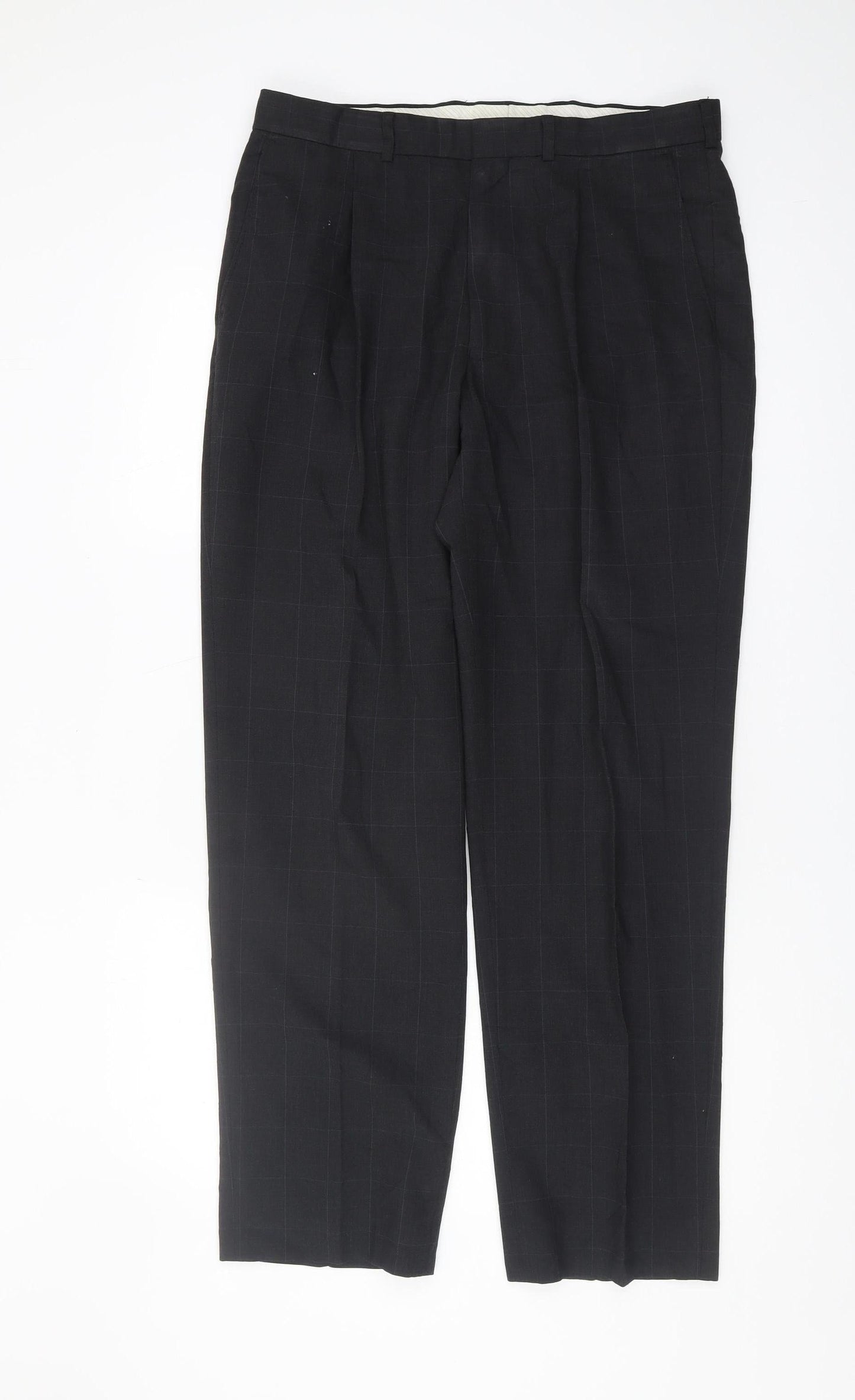 Marks and Spencer Black Check Pleated Dress Trousers - Size 34