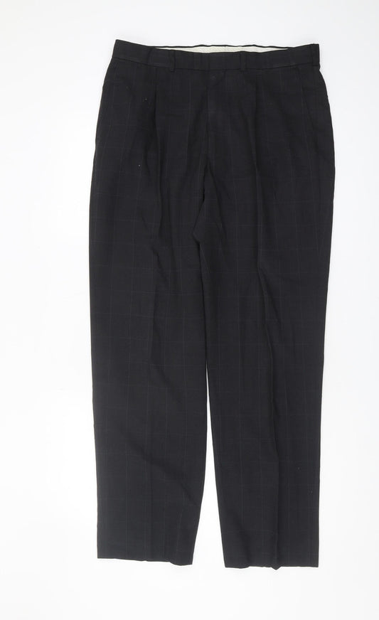 Marks and Spencer Black Check Pleated Dress Trousers - Size 34