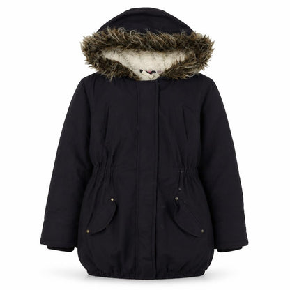 Front view of John Lewis girls’ black parka coat, size 10, years