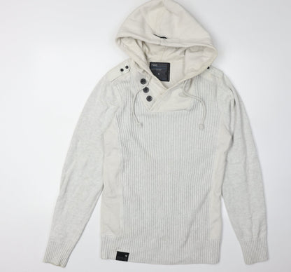 Next Men's Grey Cotton Pullover Hoodie, S, Button Accent