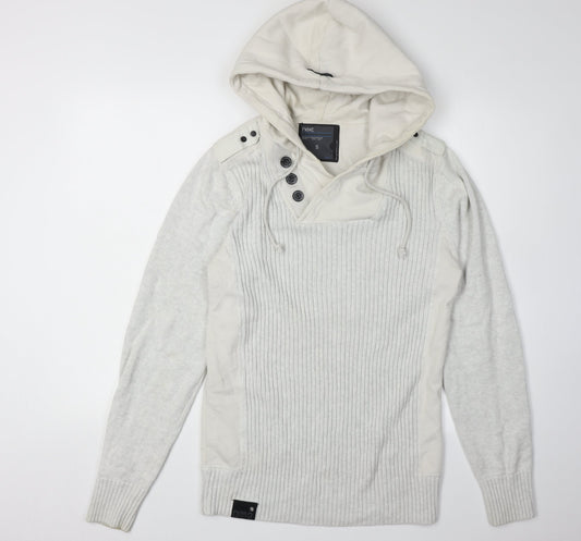 Next Men's Grey Cotton Pullover Hoodie, S, Button Accent