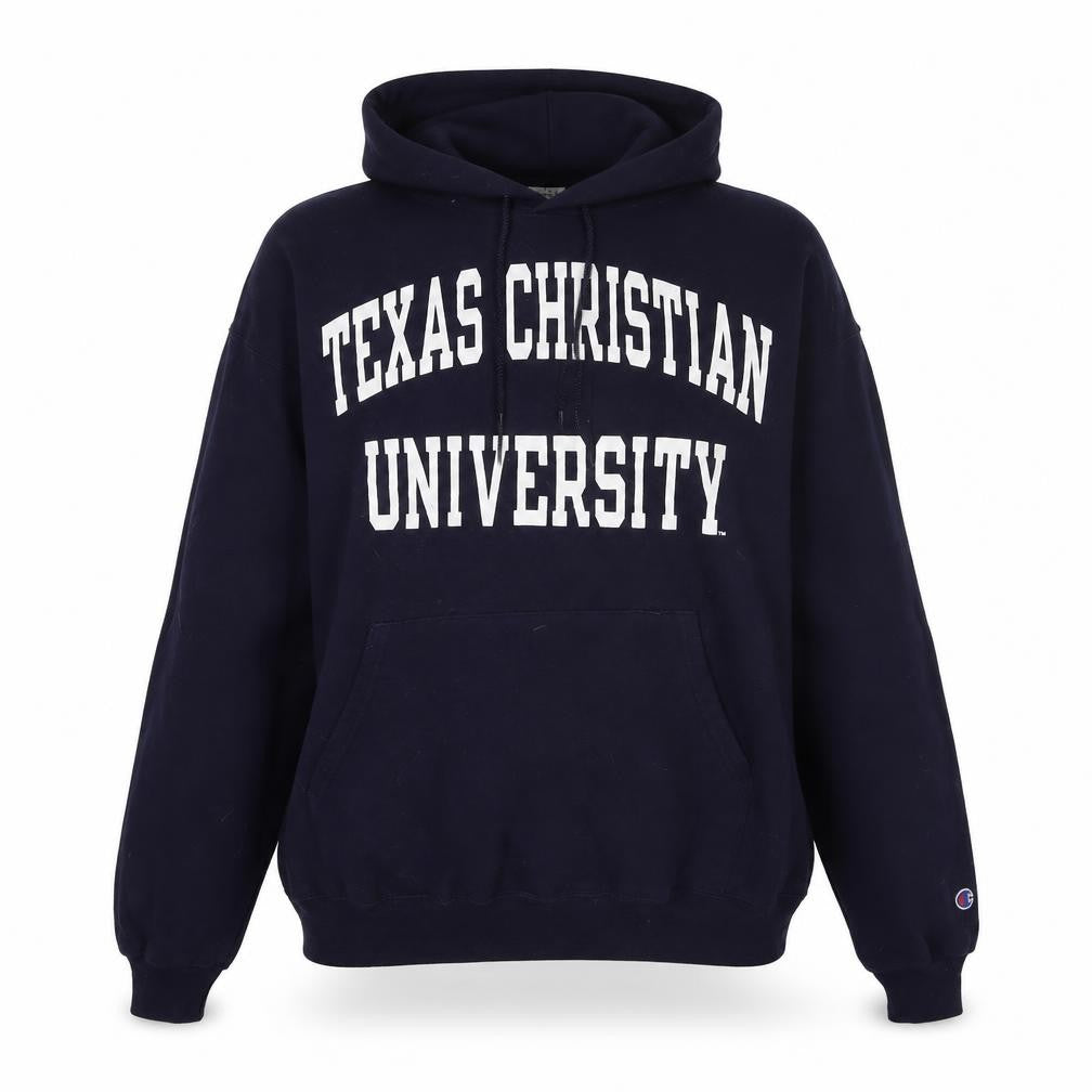 Front view of Champion unisex black hoodie l - university style