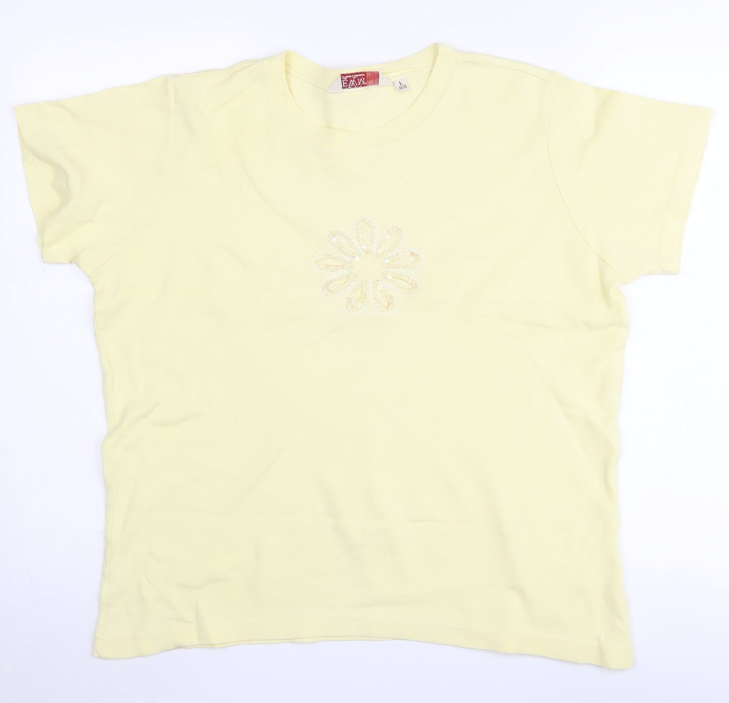 EWM Women's Yellow Cotton Crew Neck T-Shirt, Size L, Beaded Accent