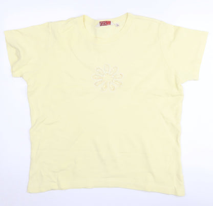 EWM Women's Yellow Cotton Crew Neck T-Shirt, Size L, Beaded Accent