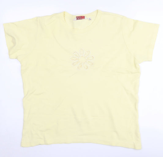 EWM Women's Yellow Cotton Crew Neck T-Shirt, Size L, Beaded Accent