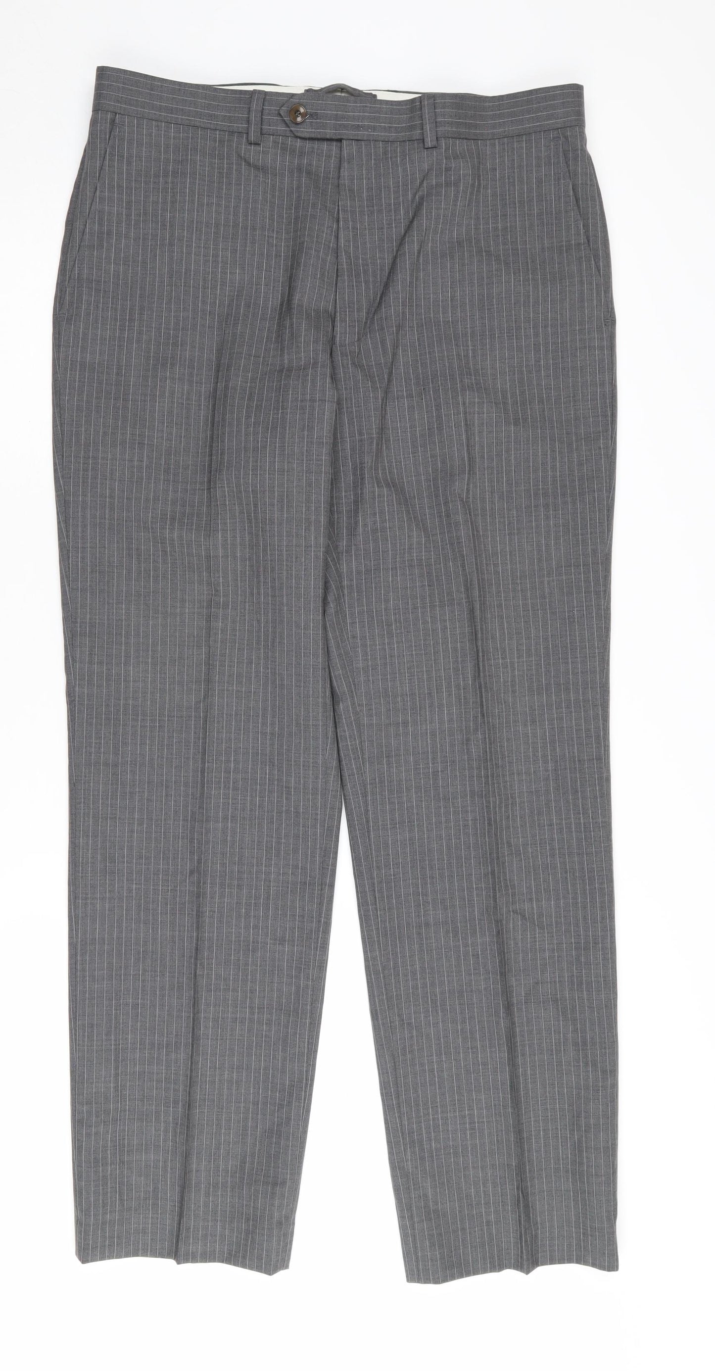 Marks and Spencer Men's Grey Wool Trousers, 34 Waist, Striped, Business