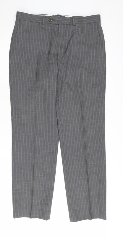 Marks and Spencer Men's Grey Wool Trousers, 34 Waist, Striped, Business