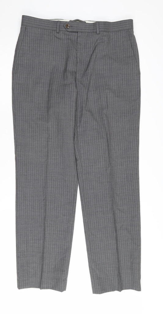 Marks and Spencer Men's Grey Wool Trousers, 34 Waist, Striped, Business