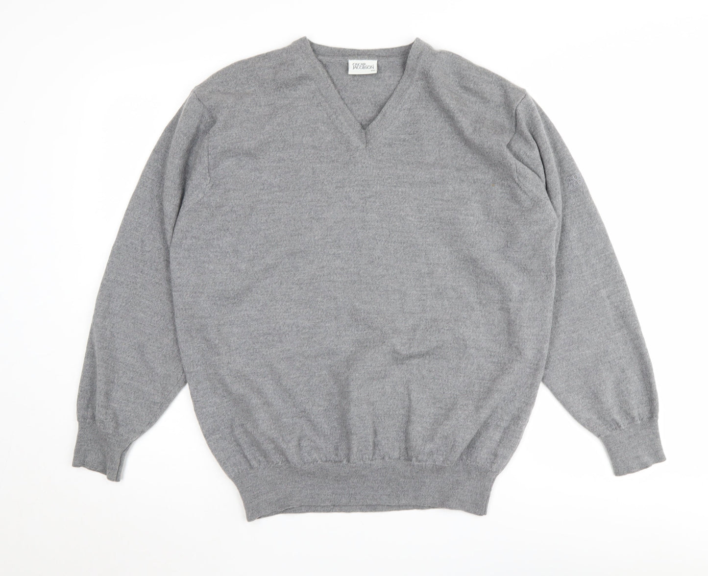 Oscar Jacobson Men's Grey V-Neck Wool Jumper - 2XL