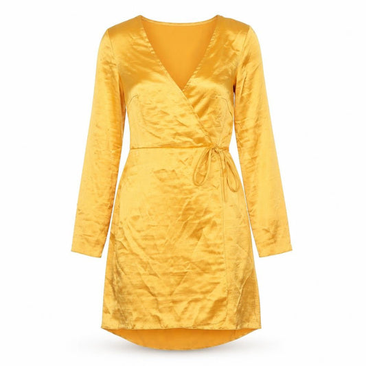 Front view of ASOS Women’s Yellow Wrap Dress, size UK 8, Belted V-Neck