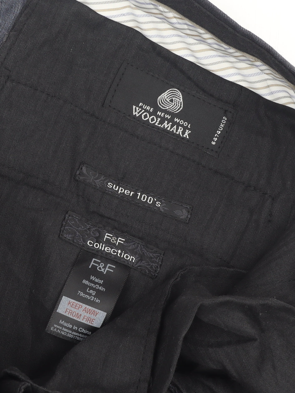 F&F Men's Grey Dress Pants, Size L, 100% Wool