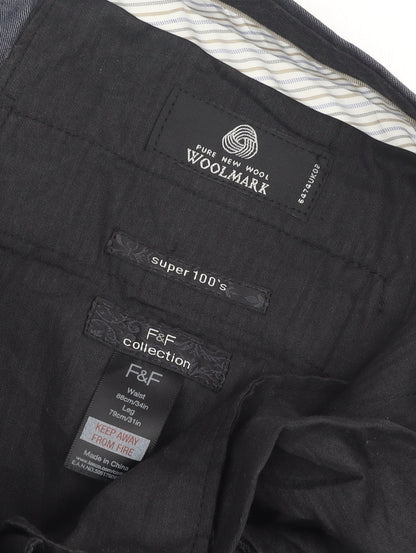 F&F Men's Grey Dress Pants, Size L, 100% Wool