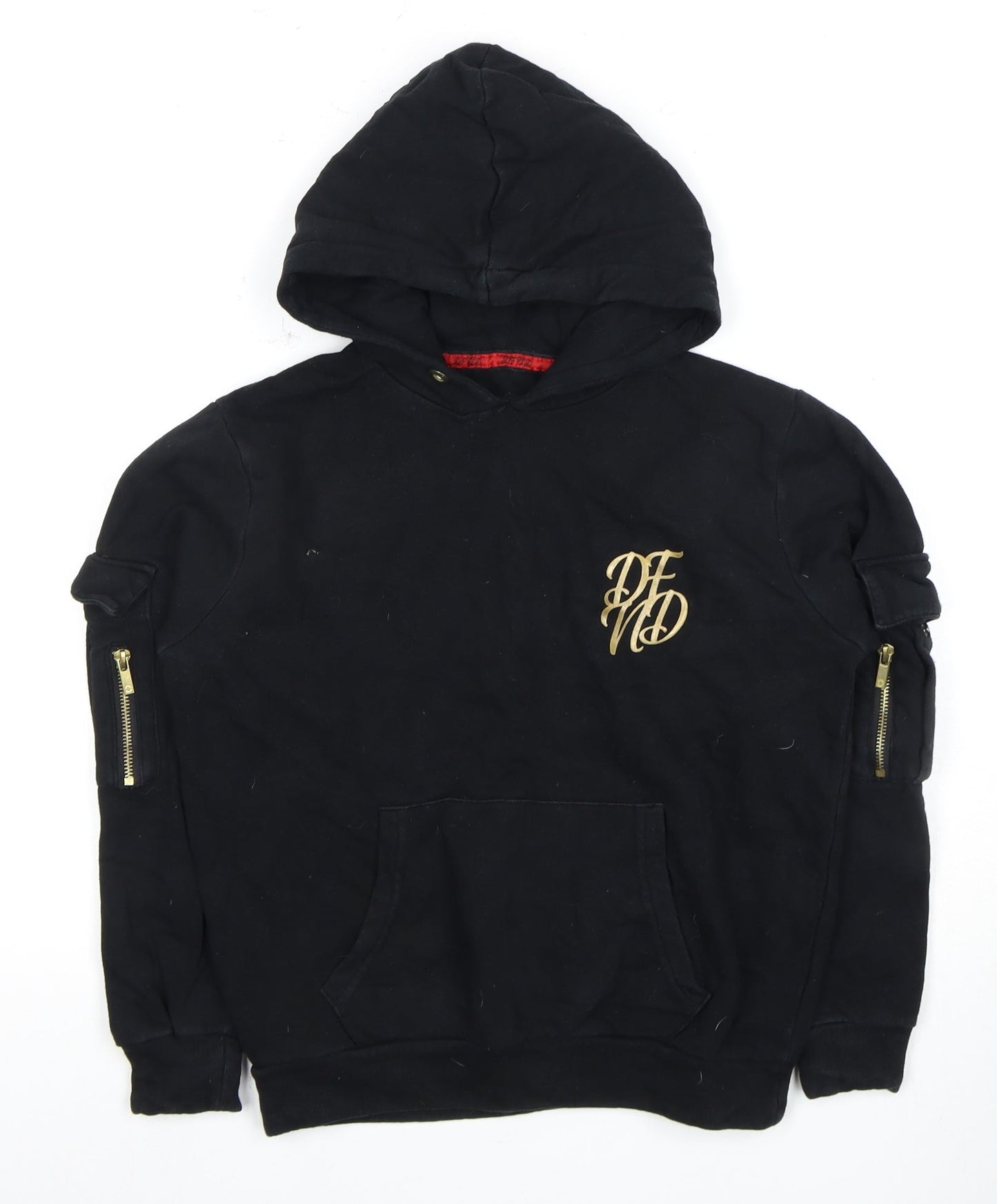 Boys DFND Black Pullover Hoodie with Logo and Zipper Accents, Size 12