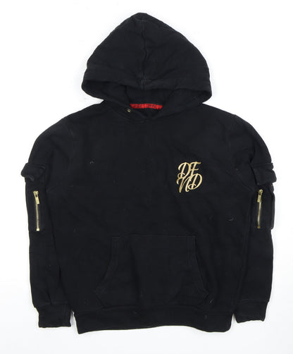 Boys DFND Black Pullover Hoodie with Logo and Zipper Accents, Size 12