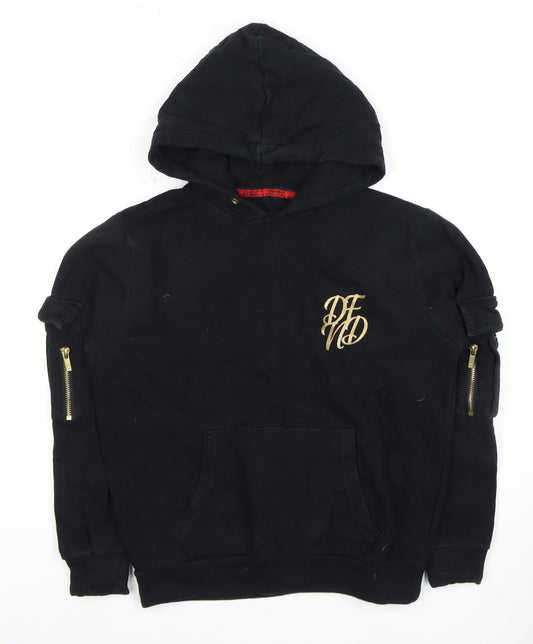 Boys DFND Black Pullover Hoodie with Logo and Zipper Accents, Size 12