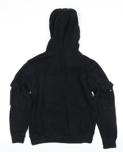 Boys DFND Black Pullover Hoodie with Logo and Zipper Accents, Size 12
