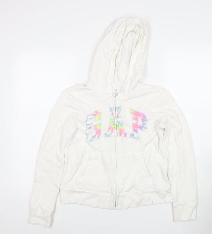 GAP Girls White Full Zip Hoodie - Size 14-16 Years, Logo Accent