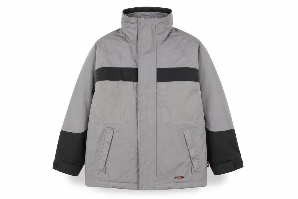 Front view of Trespass boys’ grey black parka jacket 5-6 years winter