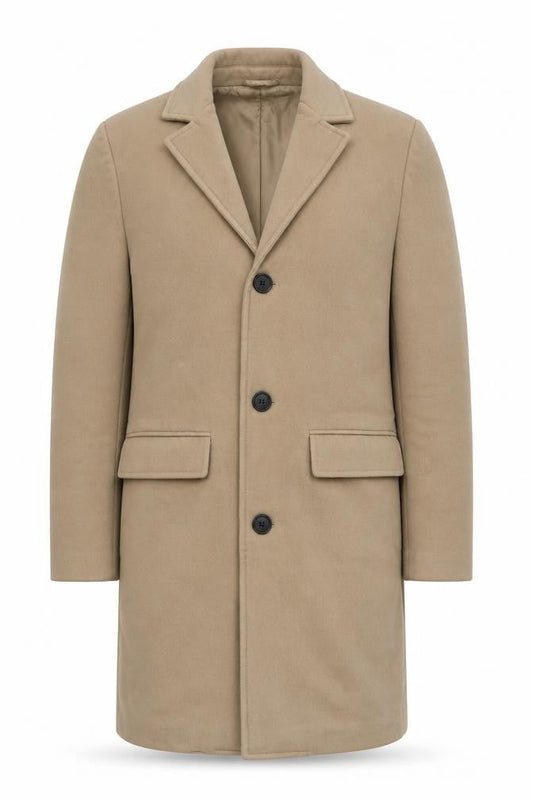 Front view of boohooMAN Men Beige Mid-Length Overcoat XS