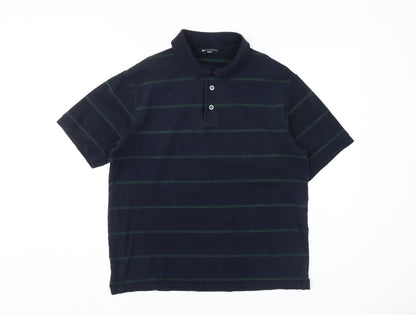Marks and Spencer Men's Blue Striped Medium Polo, Cotton