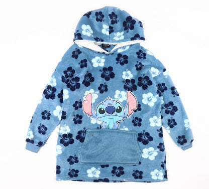 Disney Stitch Girls' Blue Floral Fleece Hooded Nightshirt One Size