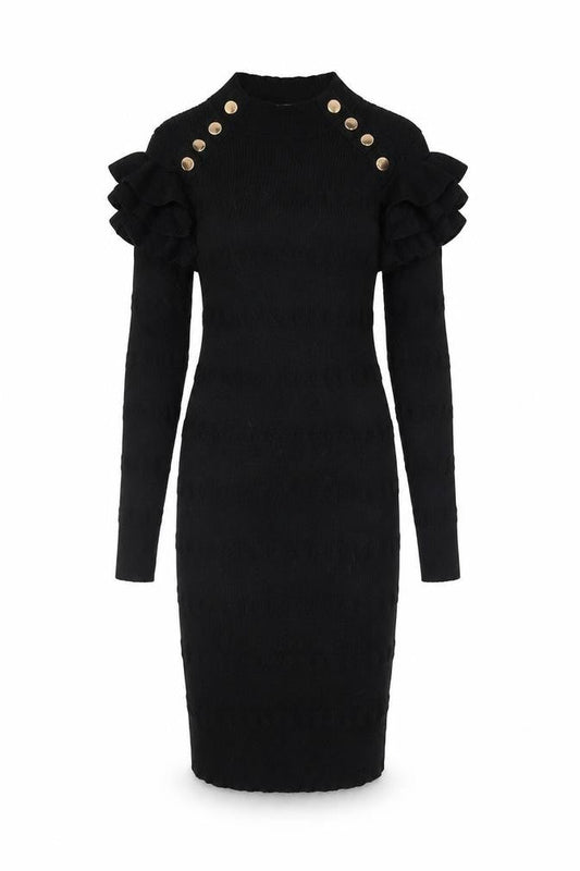 Yu & Me Women’s Black Knit Dress M/L Ruffle Sleeves