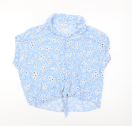 M&Co Women's Blue Petite Button-Up Floral Top
