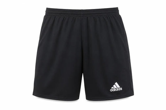 Front view of Adidas boys’ black athletic shorts, size L