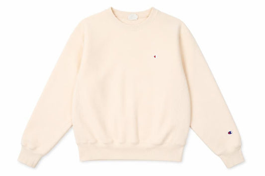 Front view of Champion Beige unisex sweatshirt small pullover crew neck