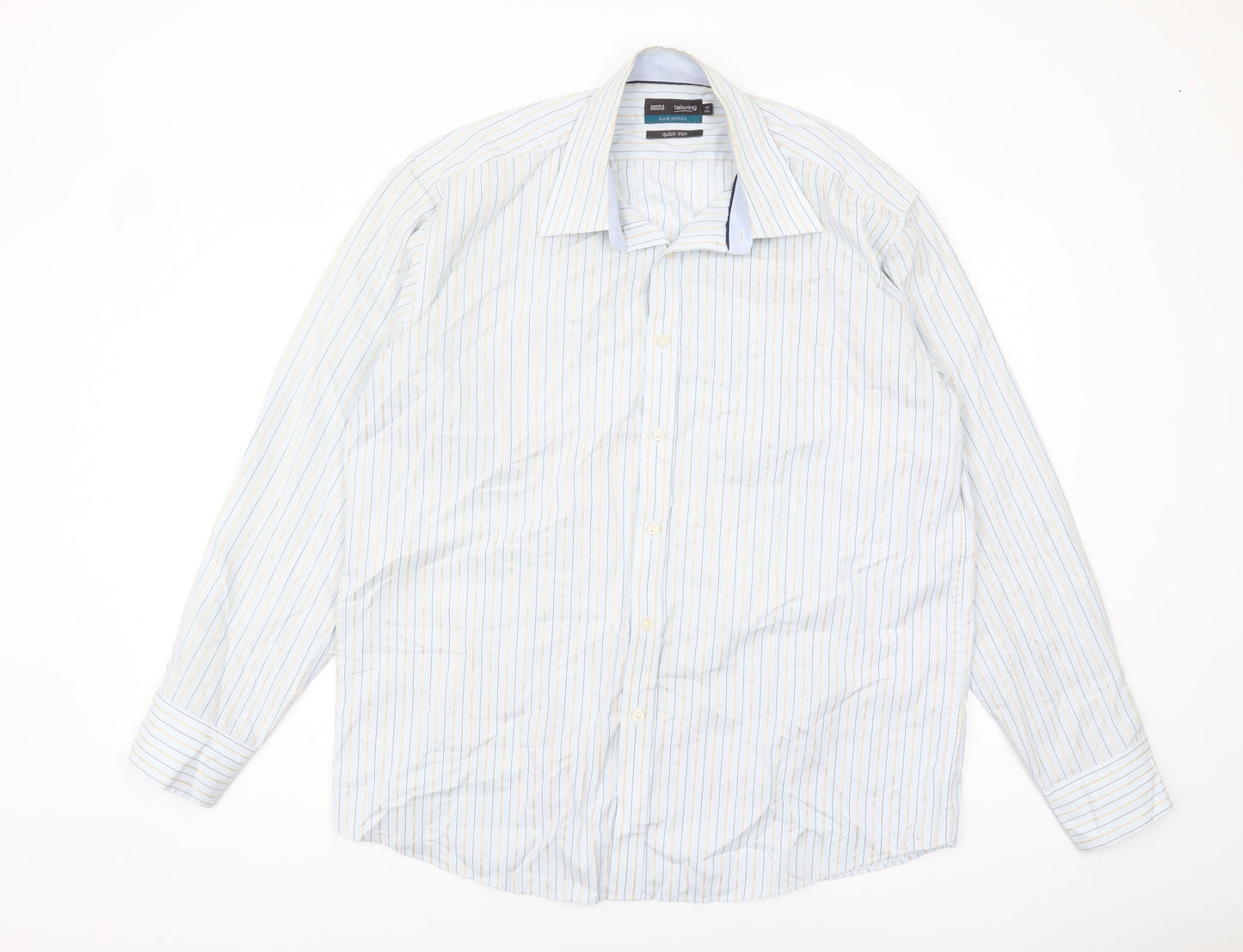 Marks and Spencer Men's Blue Striped Shirt, Size 42