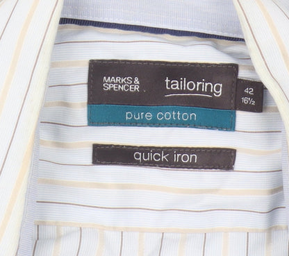 Marks and Spencer Men's Blue Striped Shirt, Size 42